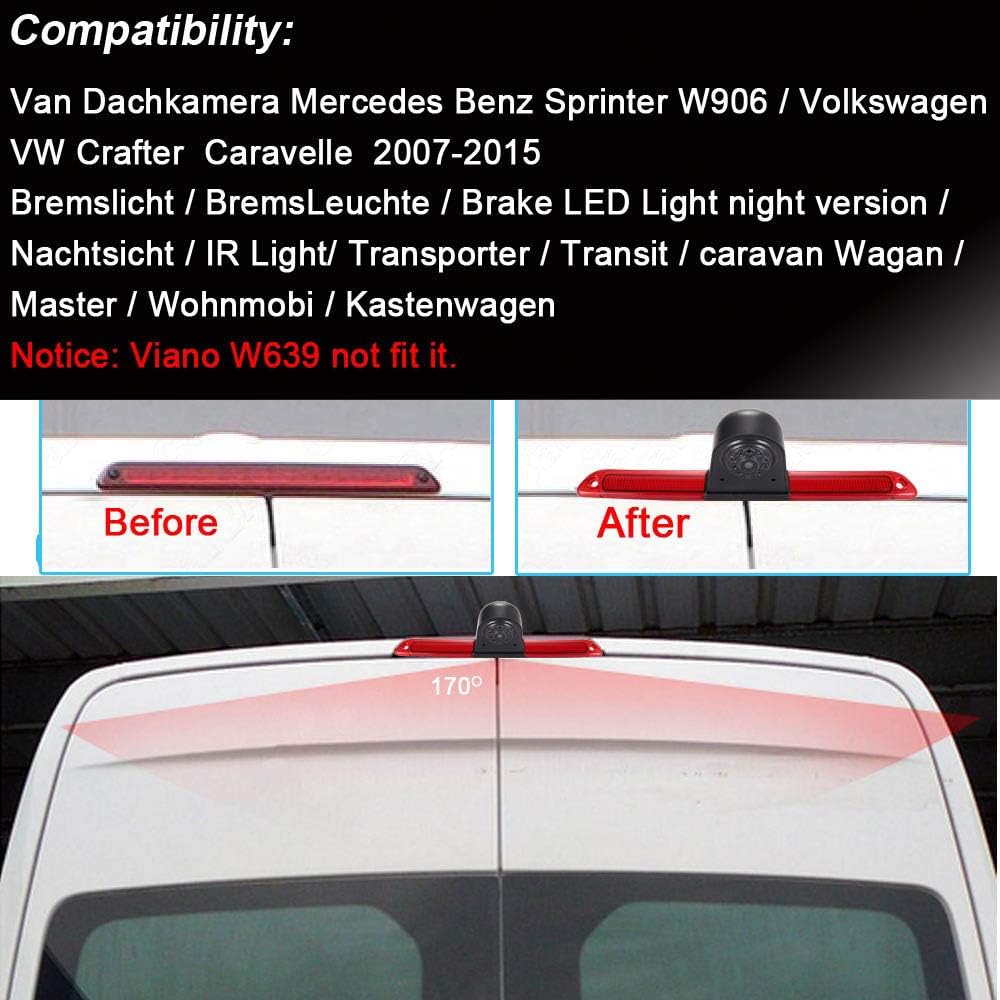 12 mm lens, CMOS-achteruitrijcamera + 7 inch TFT-lcd-scherm, automonitor, remlicht, auto, dak, achteruitrijcamera voor Van dakcamera, Mercedes Benz, Sprinter W906/VW Crafter Caravelle 2007-2015