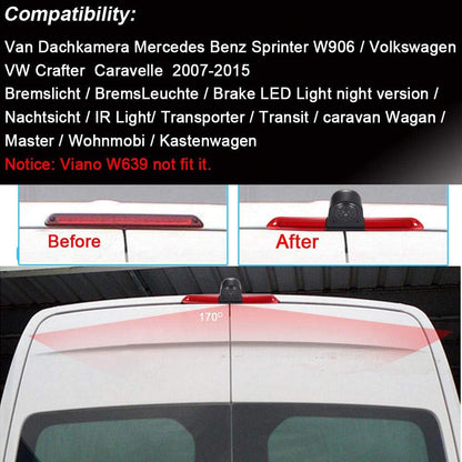 12 mm lens, CMOS-achteruitrijcamera + 7 inch TFT-lcd-scherm, automonitor, remlicht, auto, dak, achteruitrijcamera voor Van dakcamera, Mercedes Benz, Sprinter W906/VW Crafter Caravelle 2007-2015