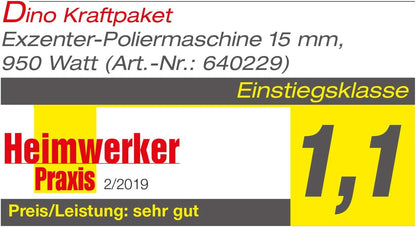 Dino Kraftpaket, 15-950 W, excentrische polijstmachine, 12-traps, met LCD-display en geheugenfunctie, set met polijstspons, polijstschijf, tas voor auto, boot, XL-HUB