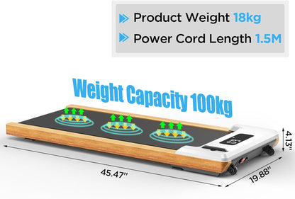 Bottom Desk Treadmill Walking Pad Portable Flat Slim Machine with Remote Control LCD Display for Home Office Gym Use, Installation Free (Wood) - QUORE