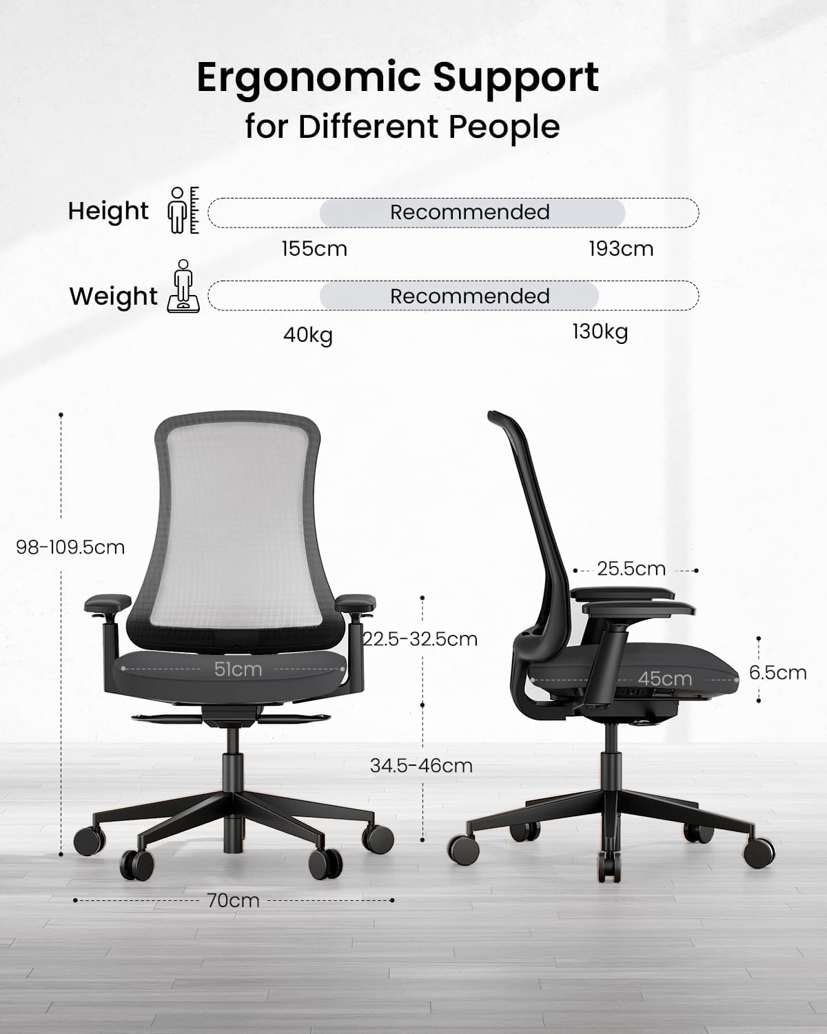 ProtoArc Flexibele ergonomische stoel met hoge rug van ademend nylon net, ademende draaistoel, aanpasbare helling aan het gewicht, ademend zadel, in hoogte verstelbare armleuningen, zwart