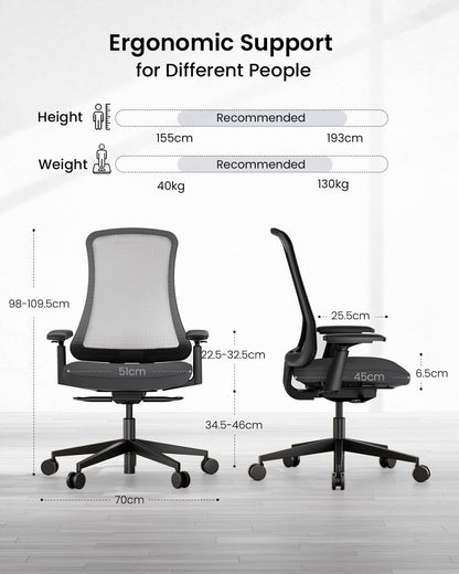 ProtoArc Flexibele ergonomische stoel met hoge rug van ademend nylon net, ademende draaistoel, aanpasbare helling aan het gewicht, ademend zadel, in hoogte verstelbare armleuningen, zwart