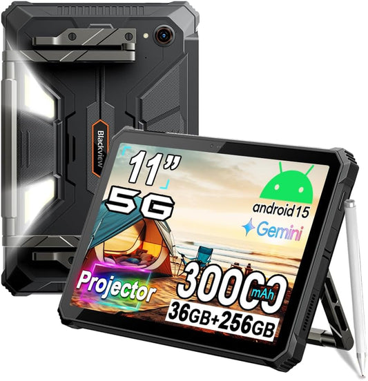 Blackview Active12 Pro tablet, 30.000 mAh, robuust, met projector, 36 GB + 256 GB/2 TB Android 15 tablet, onbreekbaar, 5G, 11 inch FHD+ 120 Hz, campinglicht, 108 MP + 50 MP, 2 stereo-luidsprekers