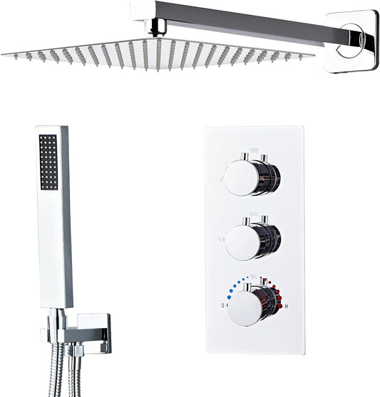 Inbouw Regendouche – Thermostaatkraan – Douche Set – Handdouche – Thermostatische Douche – 25x25 cm Regendouchekop – Roestvrij Staal Chroom – Messing Thermostaat