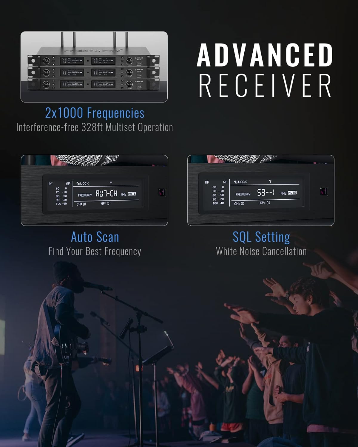 Phenyx Pro Draadloos microfoonsysteem, True Diversity Dual Draadloze Microfoonset, Professionele UHF Handheld Draadloze Microfoons met Auto Scan, 2x1000 Kanalen, 320 ft voor Podium & Studio (PTU-2U)