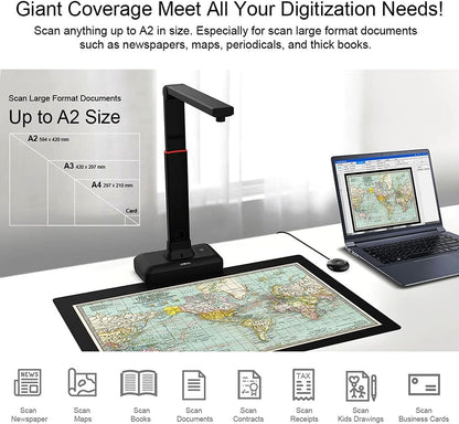 Viisan S21 A2 documentscanner - resolutie 27 MP, perfect voor het snel scannen van grote documenten en boeken. Compatibel met meertalige OCR, Mac en Windows.