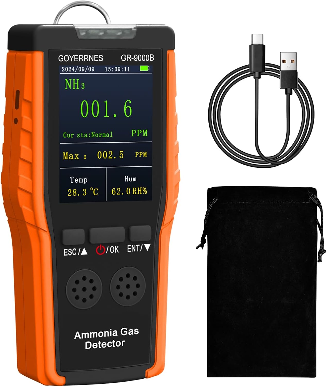 Ammoniak-gasdetector, draagbare NH3-gasdetector met alarm, temperatuur, luchtvochtigheid, digitale ammoniak-continue bewakingssensor, bereik 0-100 ppm, lcd-scherm, oplaadbaar, geschikt voor