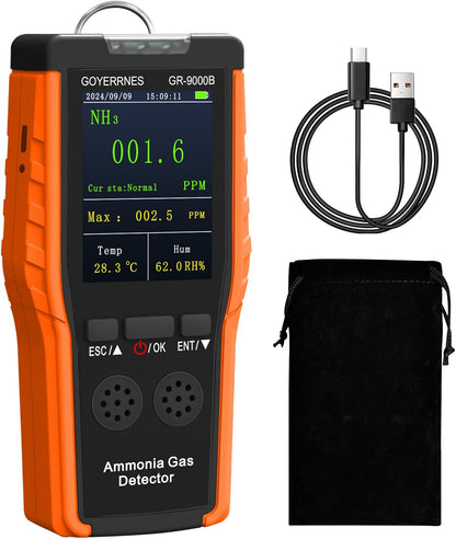Ammoniak-gasdetector, draagbare NH3-gasdetector met alarm, temperatuur, luchtvochtigheid, digitale ammoniak-continue bewakingssensor, bereik 0-100 ppm, lcd-scherm, oplaadbaar, geschikt voor