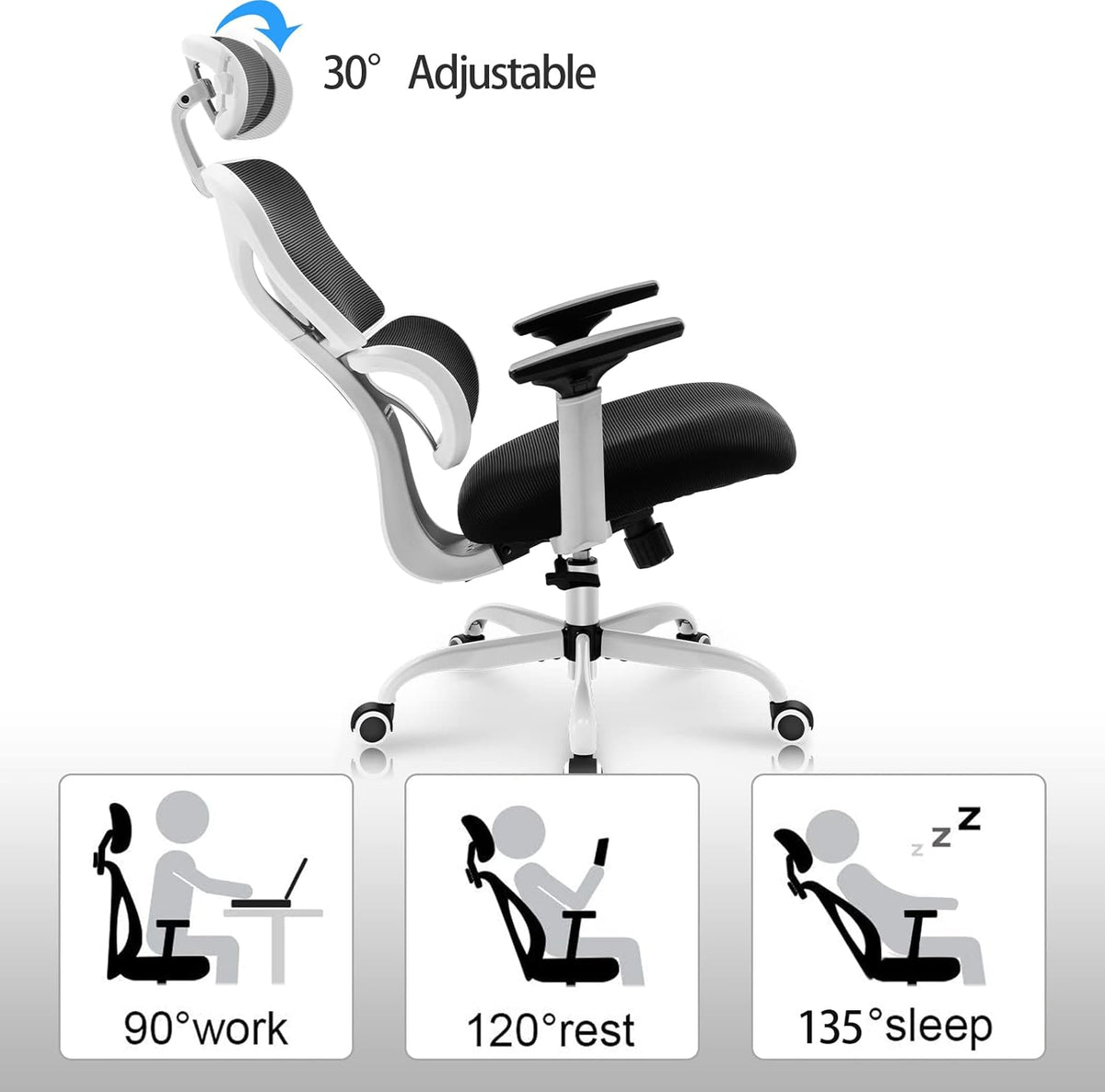 KERDOM KD9070 Bureaustoel Ergonomische bureaustoel met verstelbare hoofdsteun Armleuningen Lendensteun tegen rugpijn Bureaustoel 150kg/330LB laadbalk,55 * 25 * 55,wit