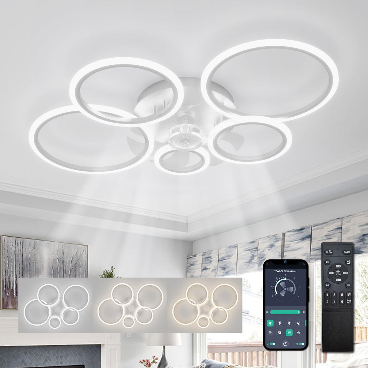 Plafondventilatoren Met Verlichting met Afstandsbediening, LED Ring Ventilator Lamp Plafond, Dimbaar, DC Motor, Omkeerbare 6 Snelheden, Ceiling Fan with Light voor Slaapkamer, Keuken