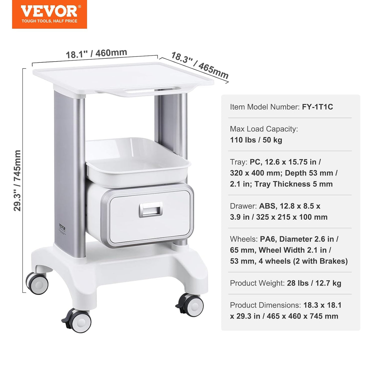 VEVOR Laboratoriumwagen met 2 niveaus, mobiele medische trolley met 1 lade en 1 bovenste plank, verzorgingswagen met ABS-materiaal, 4 stille wielen, voor laboratorium, kliniek, ziekenhuis, woonkamer,