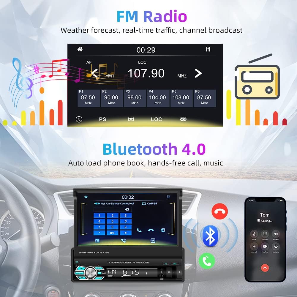 Podofo Autoradio 1 DIN Bluetooth Touchscreen Stereo Radio met Apple Carplay Android Auto, 7 Inch Opvouwbare Touchscreen Autoradio met FM Radio/Spiegellink + AHD Achteruitrijcamera