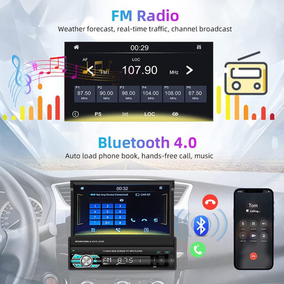 Podofo Autoradio 1 DIN Bluetooth Touchscreen Stereo Radio met Apple Carplay Android Auto, 7 Inch Opvouwbare Touchscreen Autoradio met FM Radio/Spiegellink + AHD Achteruitrijcamera
