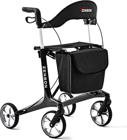 Roltor Walker | Met zitting | 150 kg draagvermogen | 4 grote wielen | lichtgewicht koolstofvezel ondersteuningsframe | dubbele handremmen | In hoogte verstelbaar | Voor volwassenen/senioren