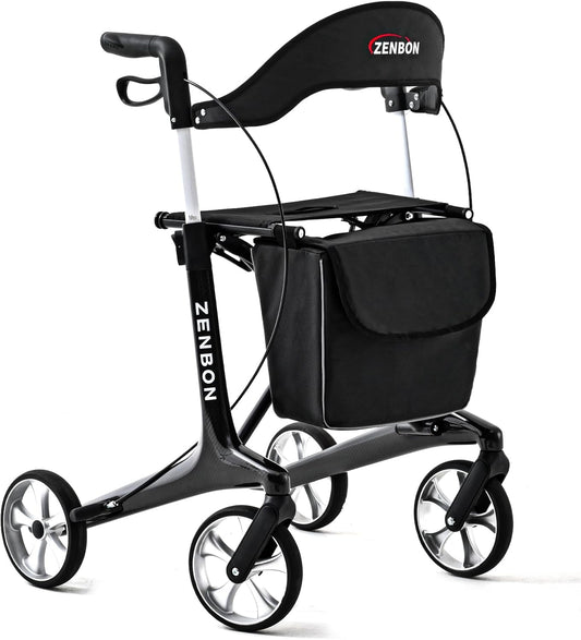 Roltor Walker | Met zitting | 150 kg draagvermogen | 4 grote wielen | lichtgewicht koolstofvezel ondersteuningsframe | dubbele handremmen | In hoogte verstelbaar | Voor volwassenen/senioren