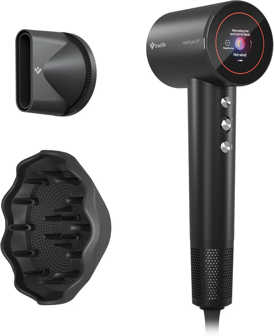 TrueLife HairDryer D9, haardroger met TrueLife UltraIonic®-technologie, led-kleurendisplay, 5 bedrijfsmodi, motortoerental tot 110.000 omw/min, twee magnetische opzetstukken, magnetische stoffilter