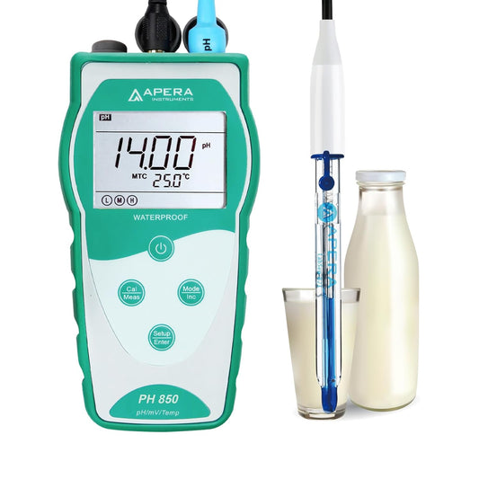 Apera Instruments PH850-DP Draagbare pH-meter voor melkproducten (melk, room, yoghurt) en vloeibare levensmiddelen, uitgerust met LabSen 823 elektrode (pH-meetbereik: 0 tot 14,00)