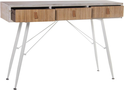 DRW Ingangtafel met 3 schuifladen van hout en metalen poten in wit en natuurlijk, 120 x 35 x 81 cm