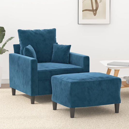 Fauteuil met poef, blauw, 60 cm, fluwelen gestoffeerde stoel, relaxstoel voor woonkamer, comfortabele stoel met dik gevoerde zitting en voetenbank, robuust frame van multiplex