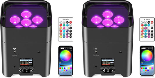 Led-spots, accu, 2 stuks, 108 W, RGBWA-UV podiumverlichting met app-bediening, led-par accu met DMX en afstandsbediening voor feestjes, clubs, bars, Halloween, Kerstmis