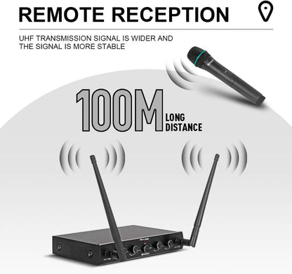 Debra Audio Pro UHF Draadloos 4-Kanaals Microfoonset met Handheld Mics, Metalen Ontvanger voor Karaoke en Kerk (B-frequentie)