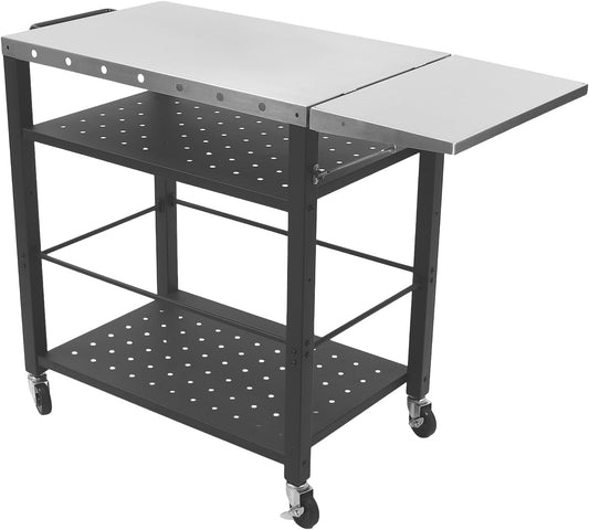 Grill Trolley – Barbecue Trolley – Grilltafel – Serveertrolley – Buitenkeuken Trolley – RVS Staal – 4 Lagen Opbergruimte – 90,7 kg Draagkracht – Inklapbare Zijtafel – 80x50x83 cm