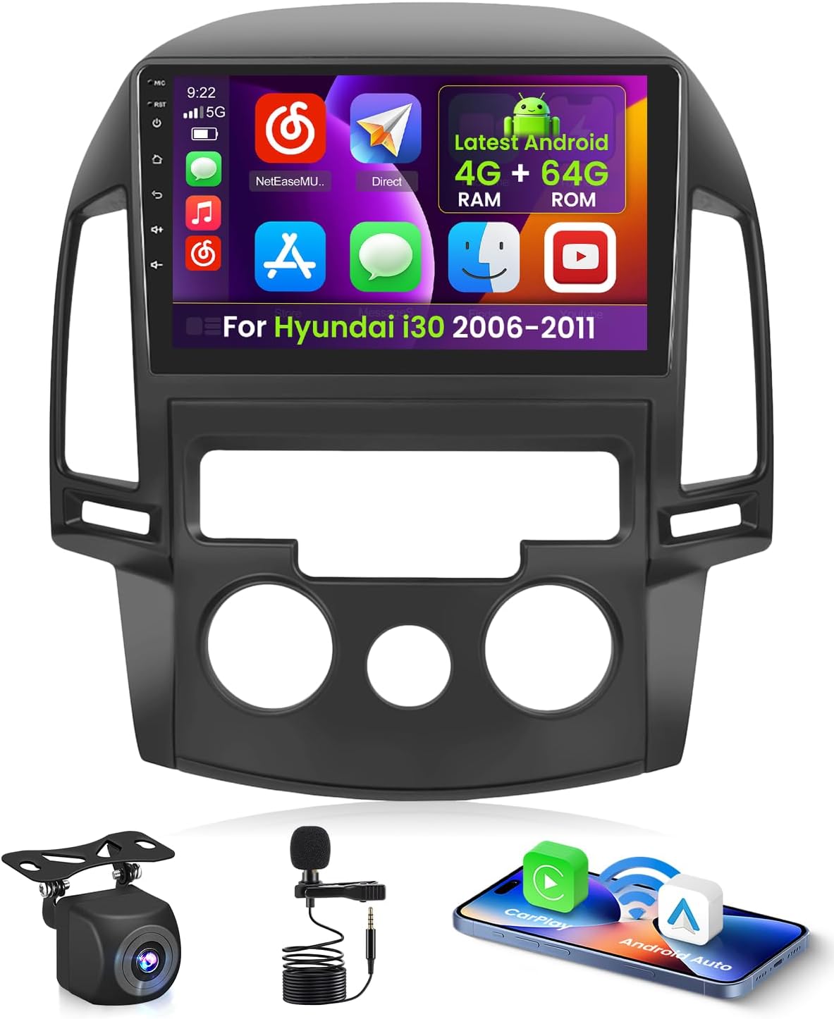 4+64G Android 15 autoradio voor Hyundai i30 2006-2011 met draadloze CarPlay Android Auto, 9-inch scherm, ondersteunt FM, RDS, 32EQ, GPS, Bluetooth, WiFi, SWC, AHD en achteruitrijcamera.