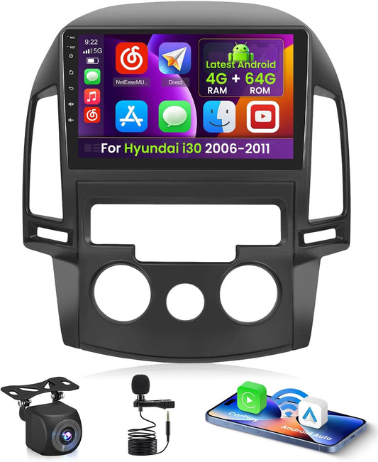 4+64G Android 15 autoradio voor Hyundai i30 2006-2011 met draadloze CarPlay Android Auto, 9-inch scherm, ondersteunt FM, RDS, 32EQ, GPS, Bluetooth, WiFi, SWC, AHD en achteruitrijcamera.