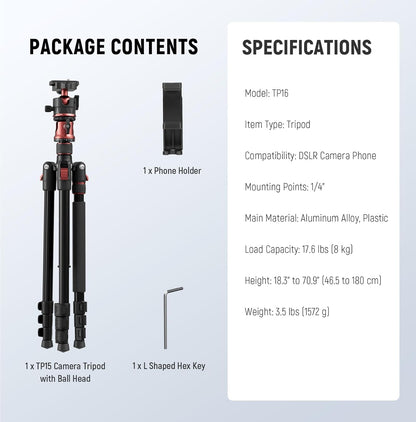 Camerastatief – Fotostatief – Videostatief – Tripod – Monopod – Verstelbare Middenkolom 180° en 360° Kogelkop – Tot 180,1 Cm, 8 Kg Draagvermogen