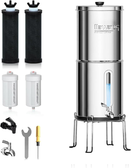Purewell 8-stage gravity ultrafiltration water system, EU 98/37/EC certified, 304 stainless steel worktop system with 4 elements and holders, reduces fluoride and chlorine 8.5 liters - QUORE