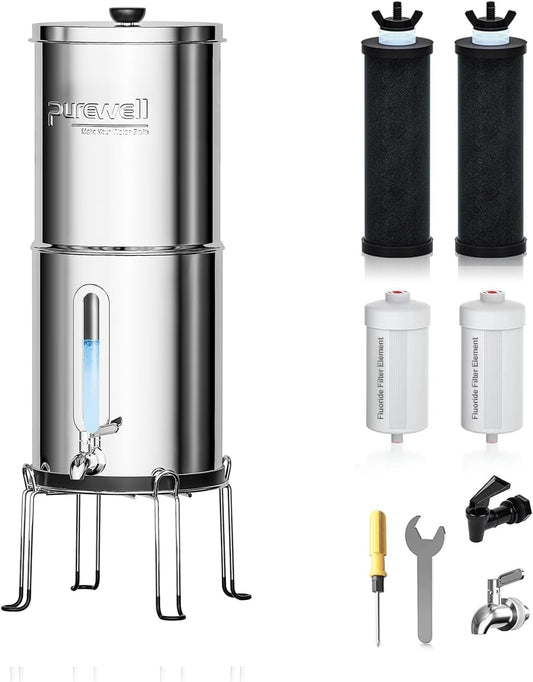 Purewell 8-traps zwaartekracht-ultrafiltratiewatersysteem, EU 98/37/EC-gecertificeerd, 304 roestvrij stalen werkbladsysteem met 4 elementen en houders, vermindert fluoride en chloor 8,5 liter