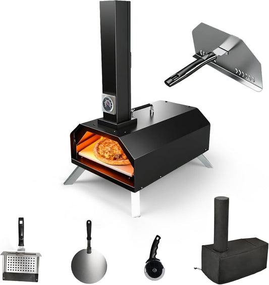 Draagbare opvouwbare 11 inch houtpellets pizzaoven, buitengebruik met ingebouwde thermometer en vierkante pizzasteen, geweldig voor kamperen, achtertuin, terras, tuin en feesten