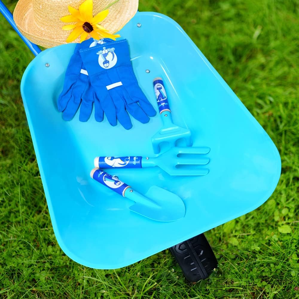 Kruiwagen - Kruiwagen voor Kinderen - 5 Stuks - Tuinset - met Schop - Hark - Vork - Kinderhandschoenen - Lichtgewicht - Gemakkelijke Assemblage - Duurzaam - Metaal - 73.6 x 35.5 x 43 cm - Blauw