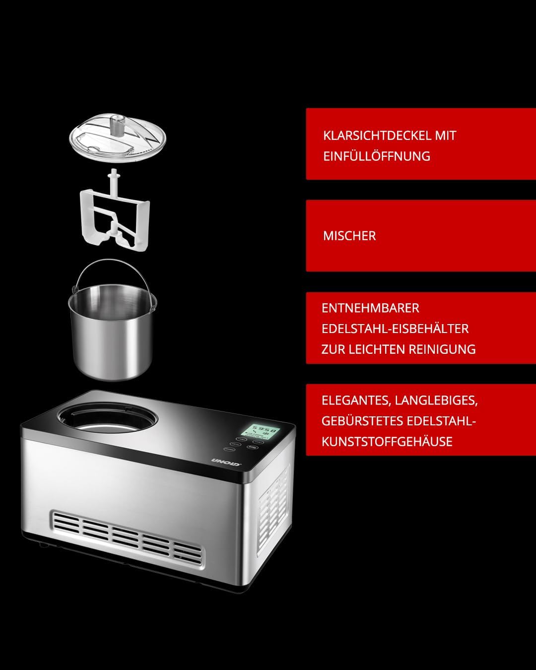 UNOLD 48845 Gusto IJsmachine, met zelfkoelende compressor, 180 W, 2 l volume, elegante roestvrijstalen behuizing, lcd-display, digitale timer