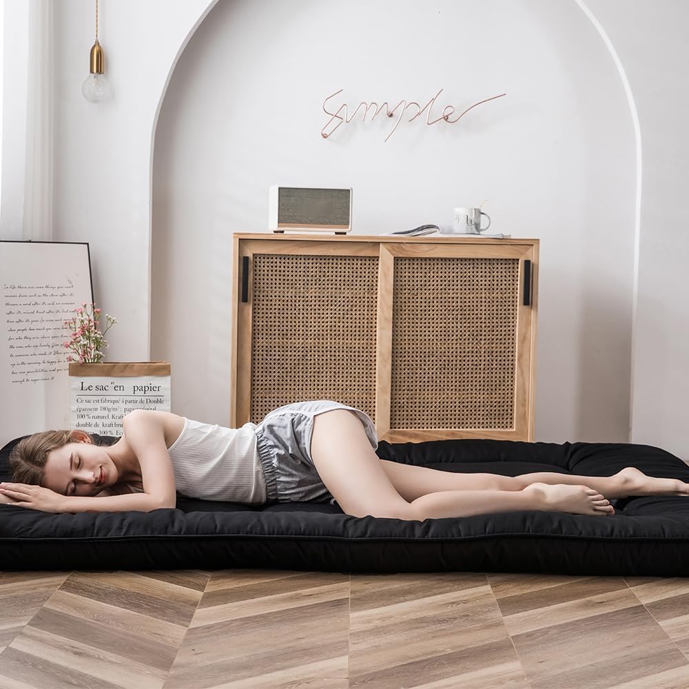 Maxyoyo Japanese Floor Mattress, Futon Mattress, Thicken Tatami Mat, Sleeping Pillow, Foldable, Roll-Up Mattress, Dormitory, Mattress, Floor Lounger, Pillow, Bed(Black, Double)