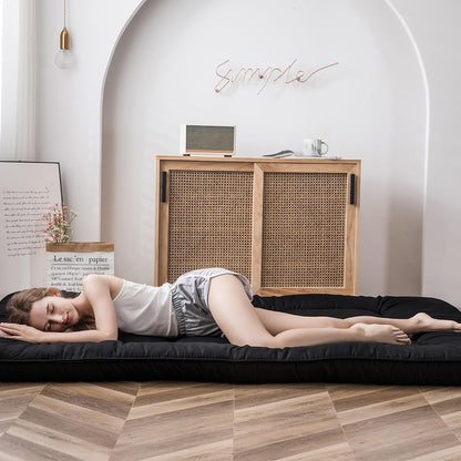 Maxyoyo Japanese Floor Mattress, Futon Mattress, Thicken Tatami Mat, Sleeping Pillow, Foldable, Roll-Up Mattress, Dormitory, Mattress, Floor Lounger, Pillow, Bed(Black, Double)