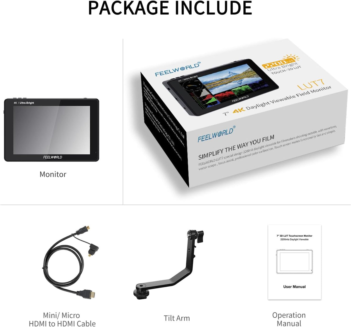 Feelworld LUT7 7 inch 2200nit Ultra Bright 3D Lut Touch Screen DSLR Camera Field Monitor 1920x1200 IPS 4K HDMI DC Output Light Sensor - QUORE