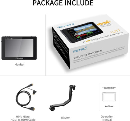 Feelworld LUT7 7 inch 2200nit Ultra Bright 3D Lut Touch Screen DSLR Camera Field Monitor 1920x1200 IPS 4K HDMI DC Output Light Sensor - QUORE