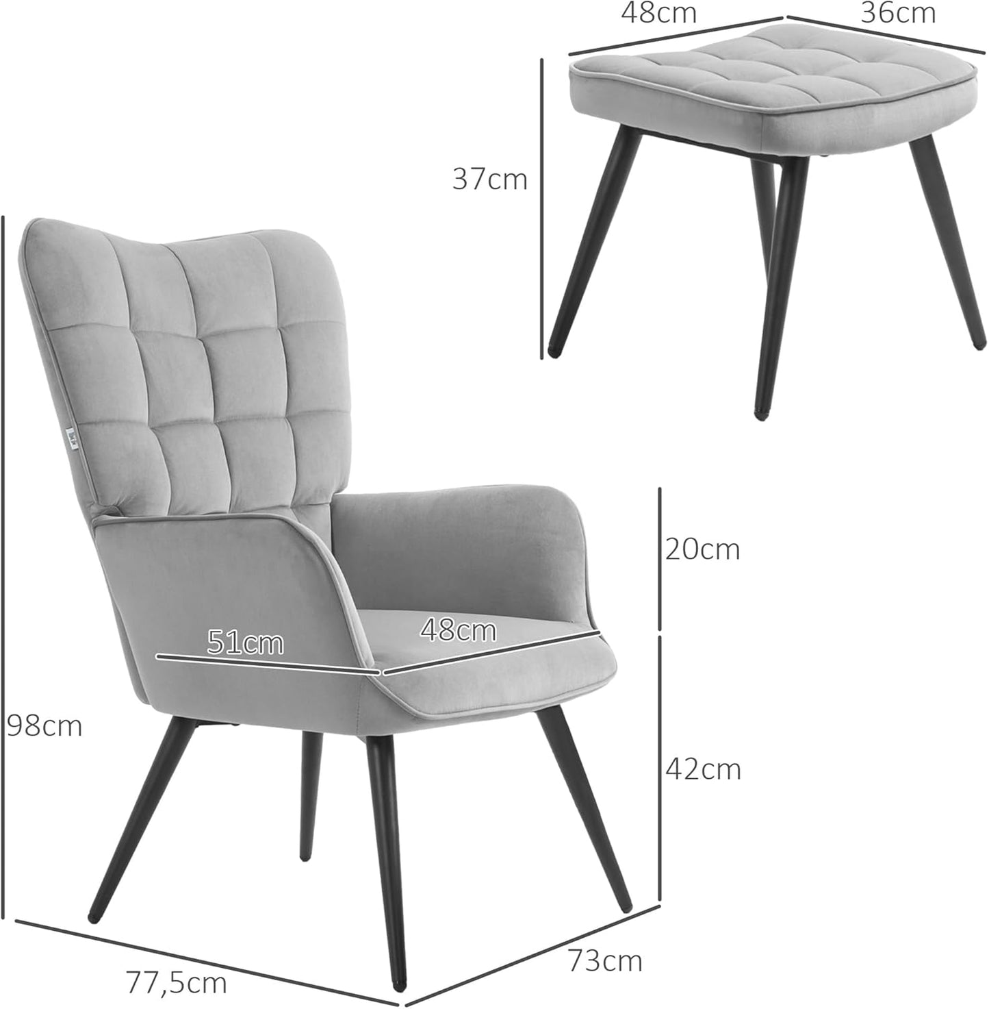 HOMCOM Armchair with footstool, lounge chair, lounge chair, upholstered chair with velvety look, TV chair, dining chair up to 120 kg for living room, light grey. - QUORE