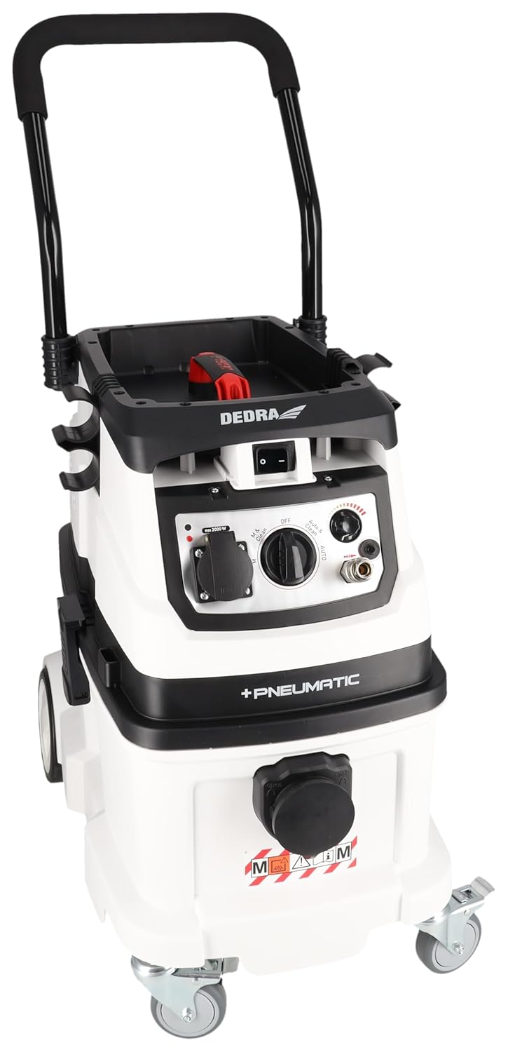 Industriële stofzuiger met automatische filterreiniging en aansluitbaar compressor- en persluchtsysteem, filterklasse M, gewicht 17,4 kg, zuigvermogen 24 kPa, reservoir 40 l DEDRA DED6609P