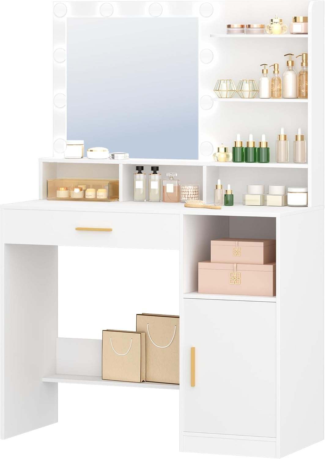 Hzuaneri Makeup Table with Mirror and 10 LED Lamps, Makeup Chest of Drawers with 3 Shelves and 4 Open Compartments, Large Drawer and Cabinet, 3 Adjustable Illumination Levels DT41303XEU