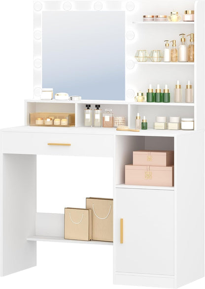 Hzuaneri Makeup Table with Mirror and 10 LED Lamps, Makeup Chest of Drawers with 3 Shelves and 4 Open Compartments, Large Drawer and Cabinet, 3 Adjustable Illumination Levels DT41303XEU