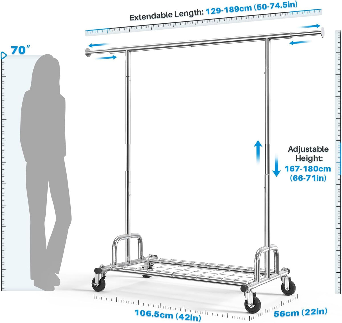HOKEEPER Uitschuifbare heavy-duty kledingrail kapstok met plank, kledingrail met industriële vergrendelingswielen, 200 kg capaciteit professionele opvouwbare kledingrail
