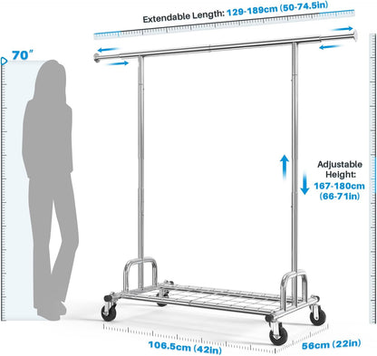 HOKEEPER Uitschuifbare heavy-duty kledingrail kapstok met plank, kledingrail met industriële vergrendelingswielen, 200 kg capaciteit professionele opvouwbare kledingrail