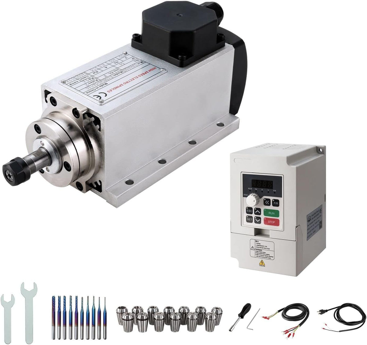 CNC-spindelmotorset, 220 V, 1,5 kW, ER16, luchtgekoelde vierkante spindelmotor CNC-spindelmotor + 220 V 1,5 kW VFD + kraagset ER16 + draden + boorbits + sleutel voor CNC-routermachine