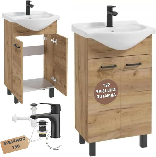 Domodomo Bathroom Cabinet with Washbasin 85 x 50 x 41 cm Freestanding Bathroom Cabinet and Base Cabinet Oak 50 cm, Elegant Set with Fixture Black Matt, Click-Clock-Stopfen, Siphon - QUORE