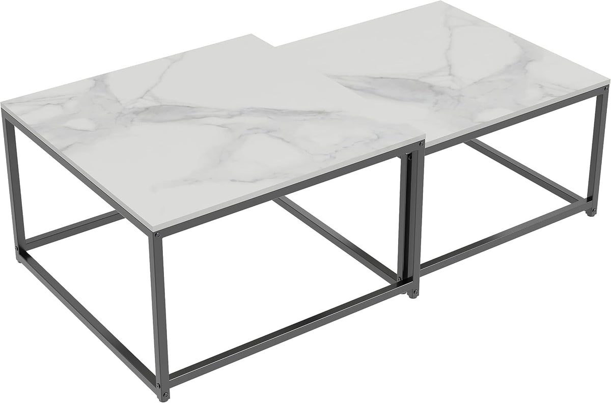 Witte marmeren bovenblad tafels vierkante salontafel - nesttafels set van 2 gesinterde steen met zwart metalen frame, woonkamer appartement hotel kantoor