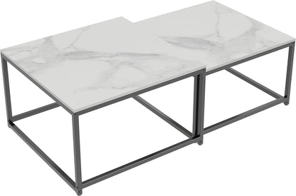 Witte marmeren bovenblad tafels vierkante salontafel - nesttafels set van 2 gesinterde steen met zwart metalen frame, woonkamer appartement hotel kantoor