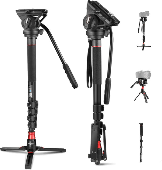 NEEWER GM76 Professionele camera monopod met voeten, 179 cm, telescopisch, draagbaar, aluminium, monopod, zwenkbaar, vloeistofkop en afneembare statiefvoet voor DSLR-camera, maximale belasting 6 kg