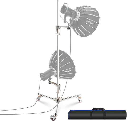 NEEWER 198 cm roestvrijstalen lichtstandaard, zware statiefstandaard met zwenkwielen, 2 glijarmen met pistoolgreep, opvouwbare poot voor fotografie, softbox monolight, max. belasting 16 kg, ST198SS